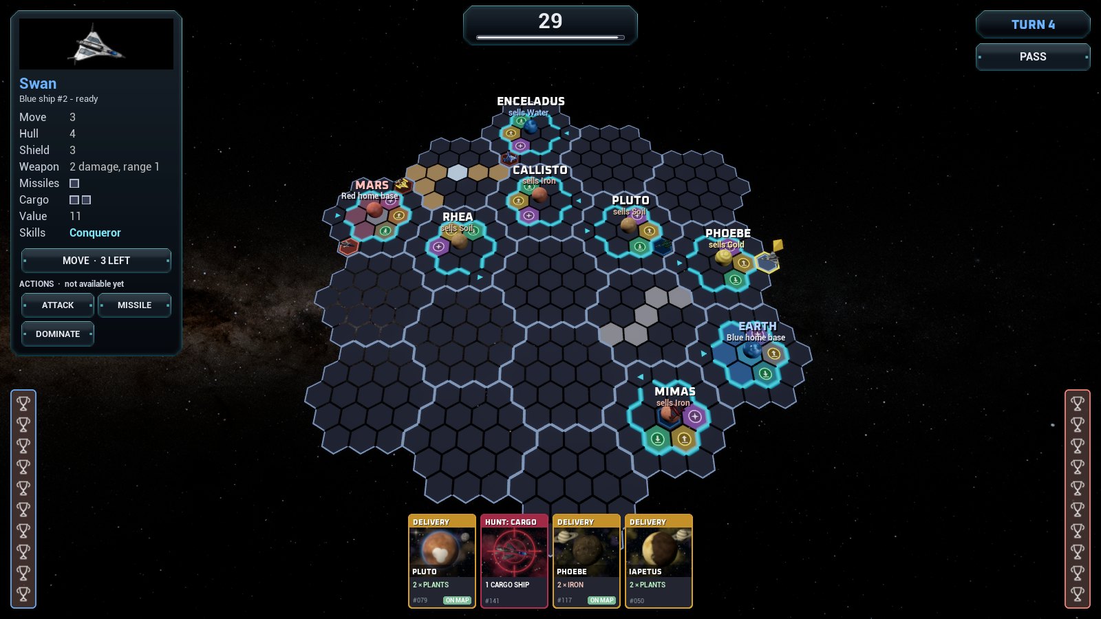 A match on turn 4: revealed zones, the two home bases and the card of the ship to act, with its action buttons.